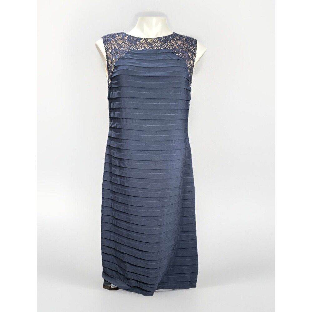 Adrianna Papell Navy Blue Tiered Sheath Dress Sleeveless Lace‎ Trim Size 14